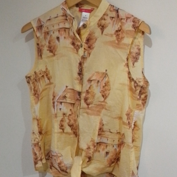 C1💐Anne Klein 6 sleeveless sheer house/tree pattern top - Picture 1 of 8